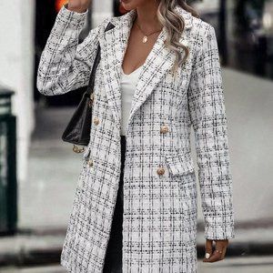 Plaid Pattern Double Breasted Tweed Overcoat white